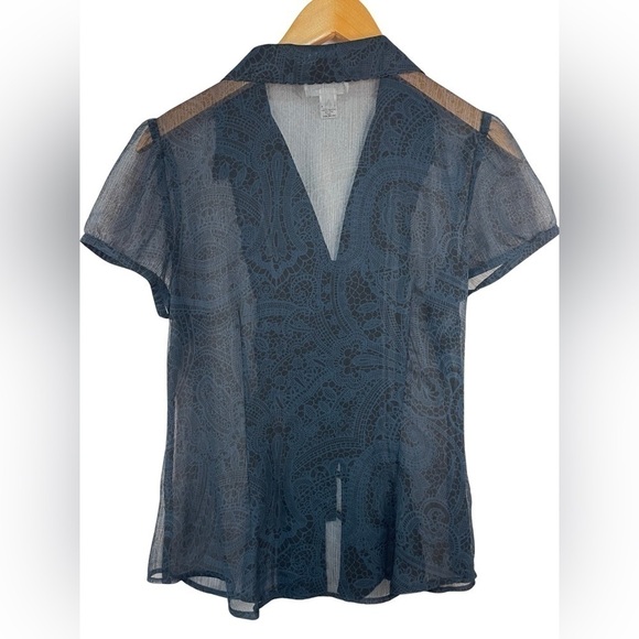 Loft sheer navy blue and black blouse. Gorgeous patter and scalloped collar. - Picture 3 of 5